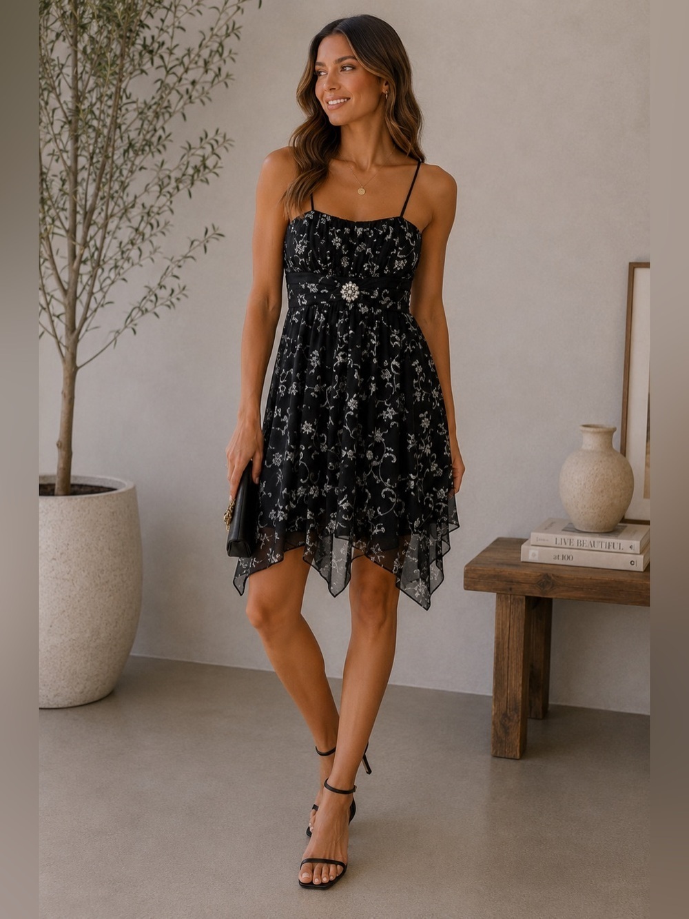 Mariposa Black and Silver Floral Dress Size L Party Cocktail Evening Sheer